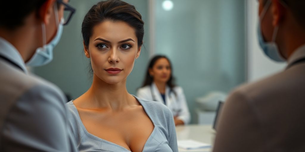Mulher considerando aumento de mama com profissionais médicos.