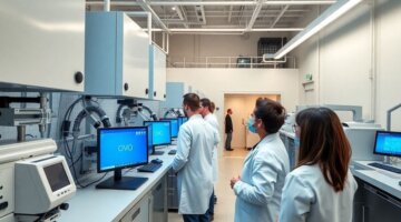 Laboratório moderno, cientistas, tecnologia futurista