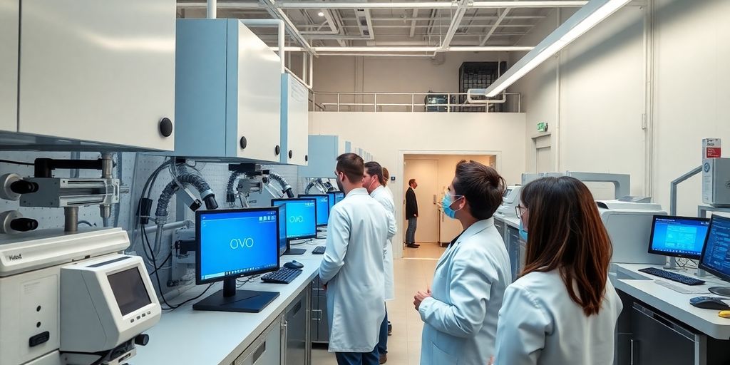 Laboratório moderno, cientistas, tecnologia futurista