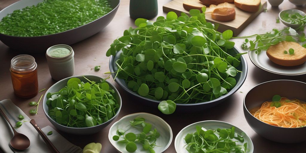 fresh watercress in a kitchen setting with a variety of dishes