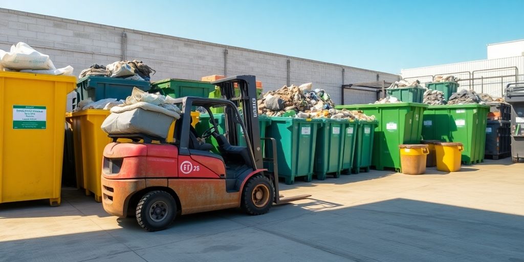 Centro de recolha com empilhador e resíduos.