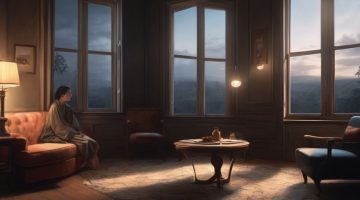 person sitting alone in a dimly lit room looking out the window