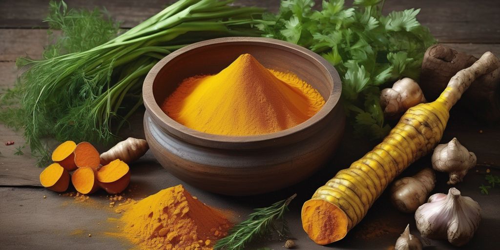 turmeric root and powder with fresh vegetables and herbs in a rustic kitchen setting
