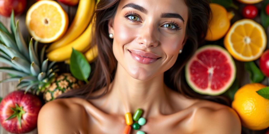 Mulher com pele radiante e frutas ao redor.