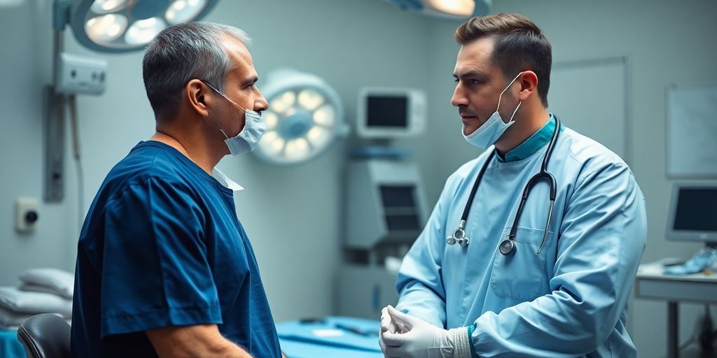 Consulta entre paciente e cirurgião sobre ginecomastia.