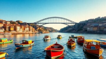 Mar de Porto com barcos e edifícios históricos.