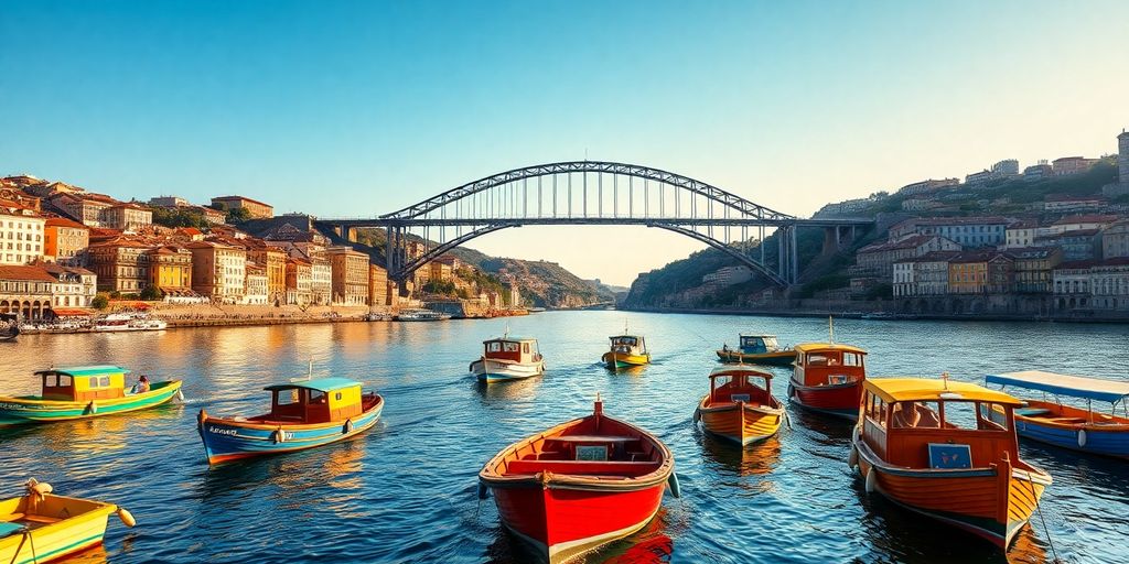 Mar de Porto com barcos e edifícios históricos.