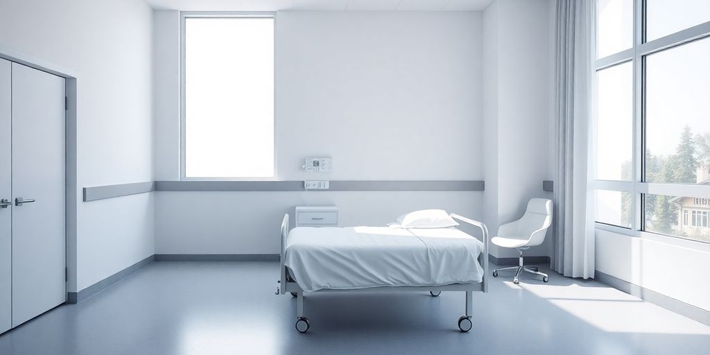 Quarto de hospital em Portugal vazio e iluminado.