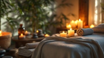 Ambiente de spa com mesa de massagem e velas.