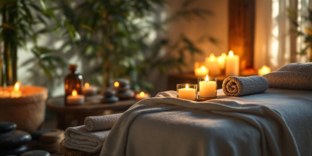 Ambiente de spa com mesa de massagem e velas.