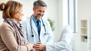 Médico de família sorridente com paciente num consultório.