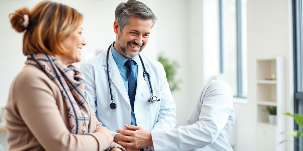 Médico de família sorridente com paciente num consultório.