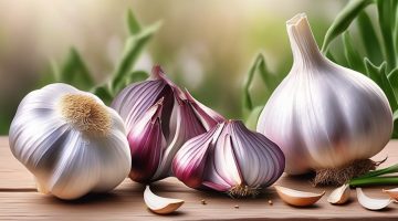 garlic cloves on wooden table with herbal background