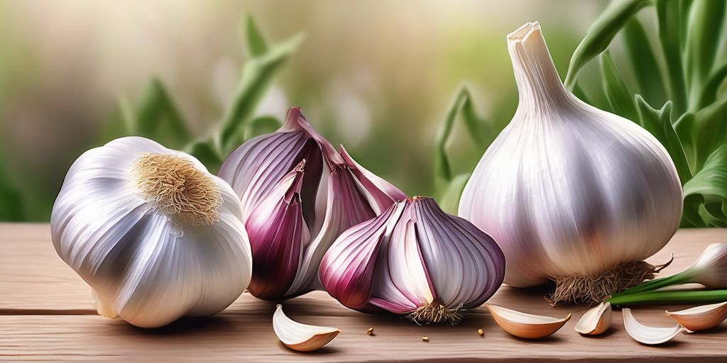 garlic cloves on wooden table with herbal background
