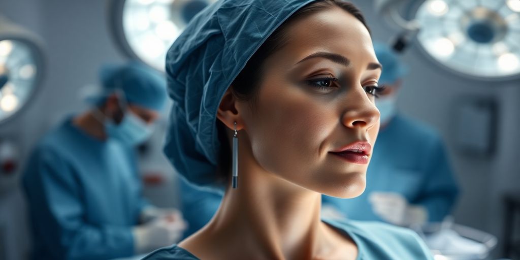 Mulher em cirurgia de lifting cervical.