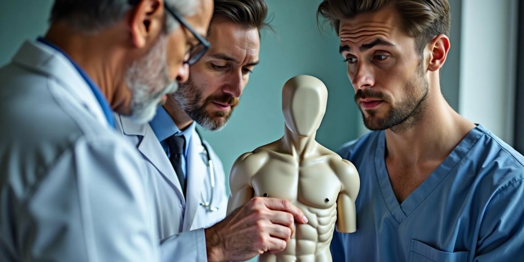 Paciente masculino em consulta médica sobre cirurgia da mama.