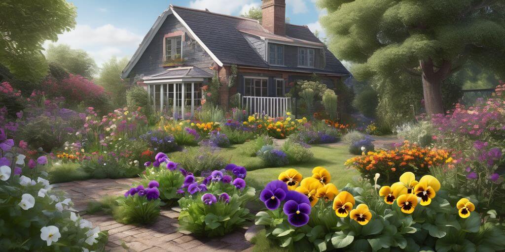 garden with blooming pansies