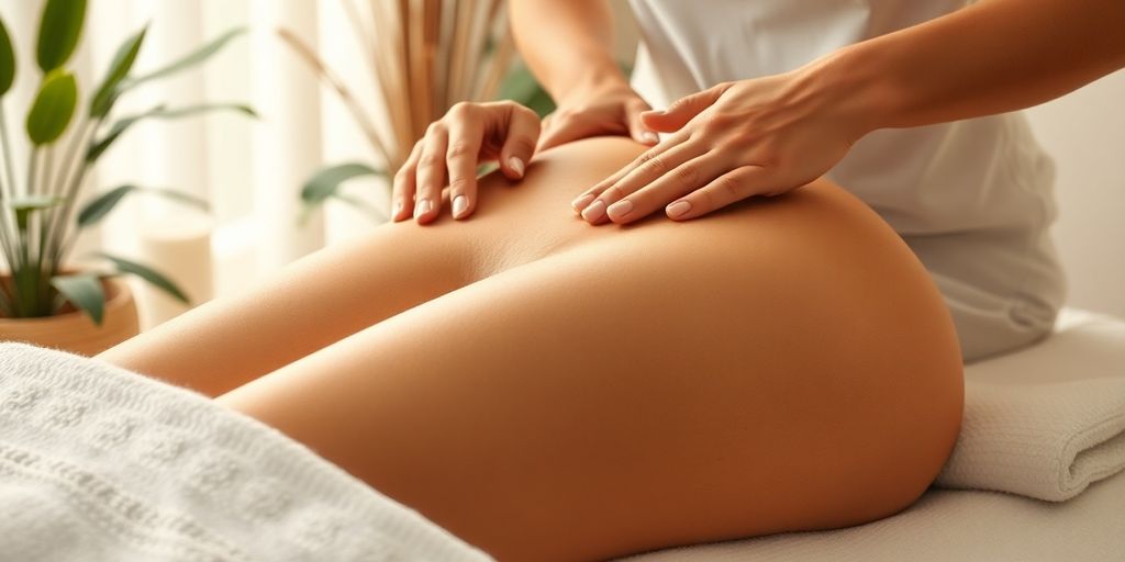 Mulher recebendo massagem anti-celulítica em ambiente tranquilo.