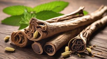 licorice root on wooden table with herbal background