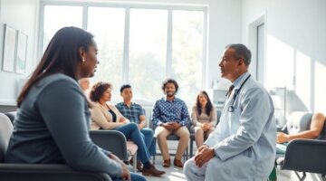 Médicos e pacientes em ambulatório.