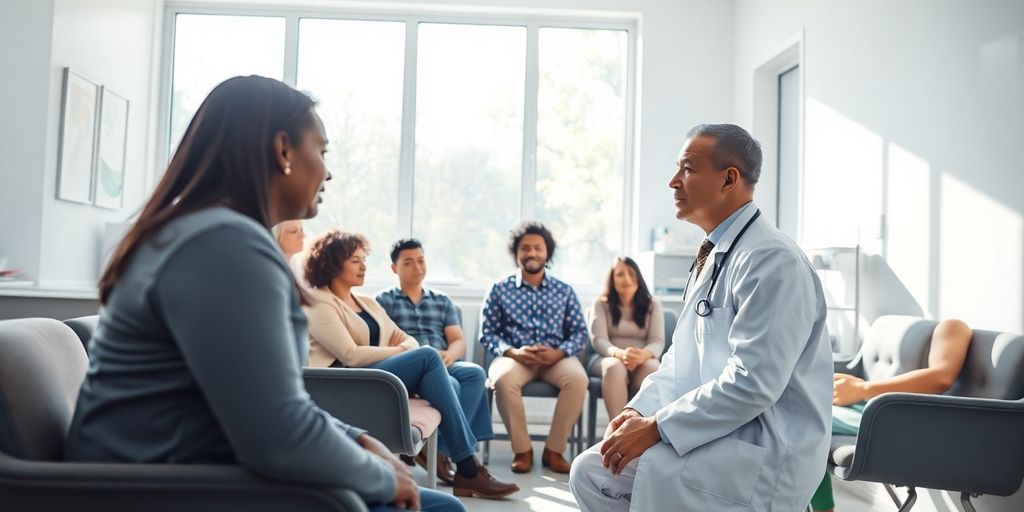 Médicos e pacientes em ambulatório.