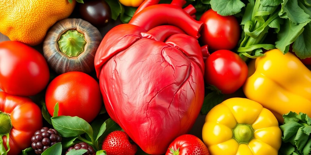 Coração saudável com frutas e vegetais frescos.