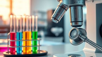 Microscópio, tubo de ensaio, estetoscópio em laboratório.