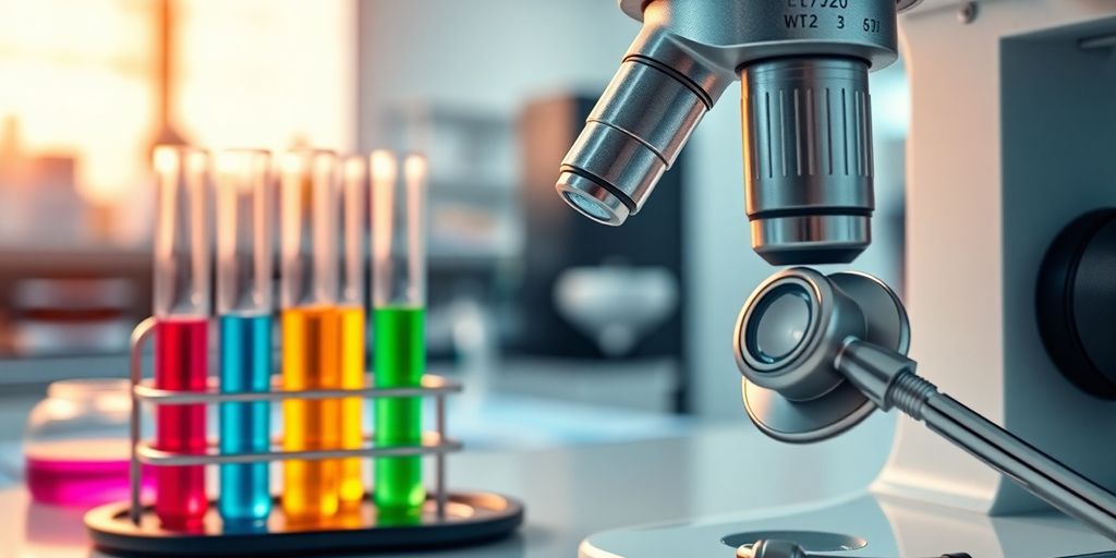 Microscópio, tubo de ensaio, estetoscópio em laboratório.