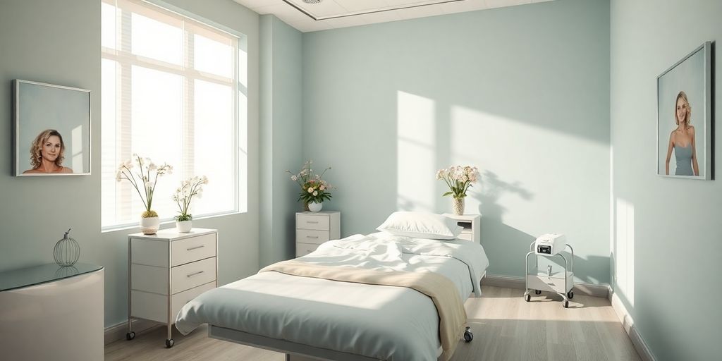 Quarto de recuperação tranquilo após abdominoplastia.
