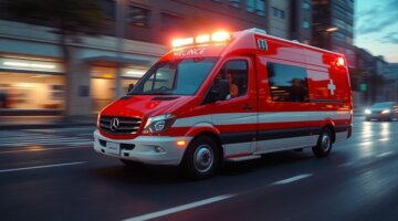 Ambulância de emergência com luzes ligadas, em movimento.