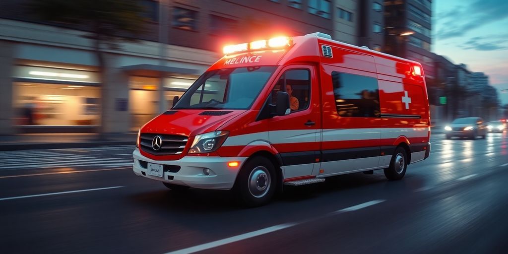 Ambulância de emergência com luzes ligadas, em movimento.