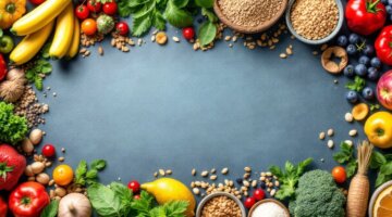 Alimentos saudáveis como frutas e vegetais coloridos.