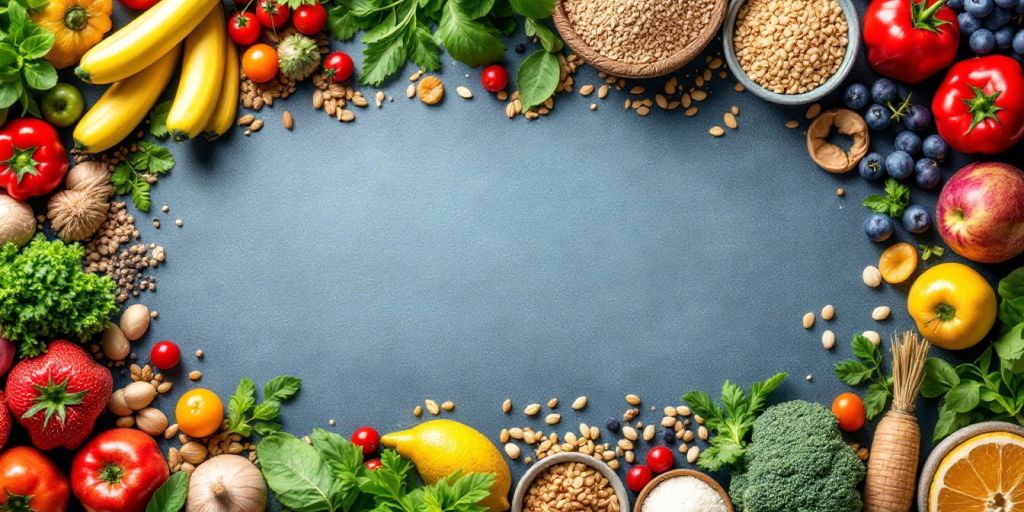 Alimentos saudáveis como frutas e vegetais coloridos.
