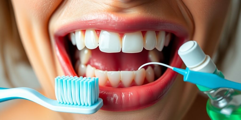 Boca saudável com dentes brilhantes e gengivas frescas.